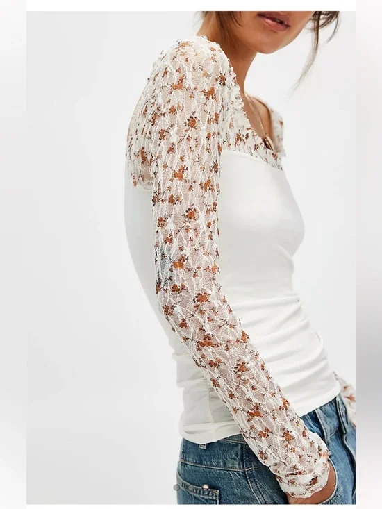 FREE PEOPLE Floral LaceSleeve JOSIE Twofer Top NWT - Picture 6 of 9
